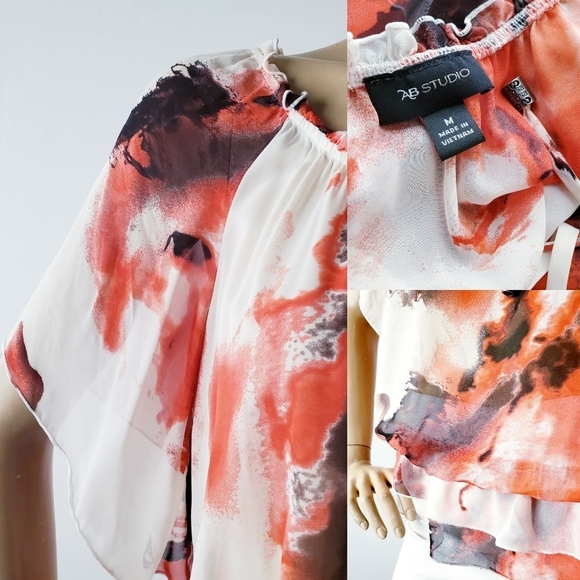 AB Studio Red & White Ruffled Chiffon Blouse - Picture 6 of 8